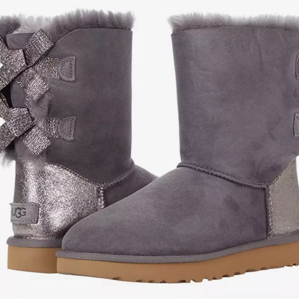 NEW! UGG Bailey Bow Glitz Real Shearling Mid-Calf Boots Gray Sheepskin Sz 10